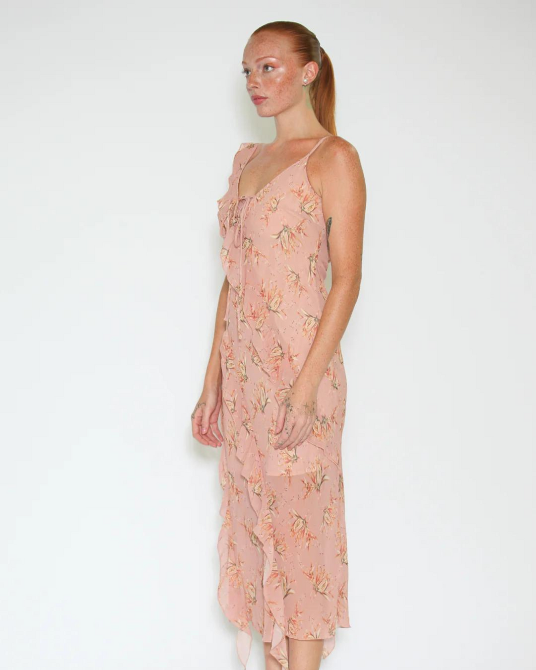 Silk Rose Prints Ruffle Long Dress