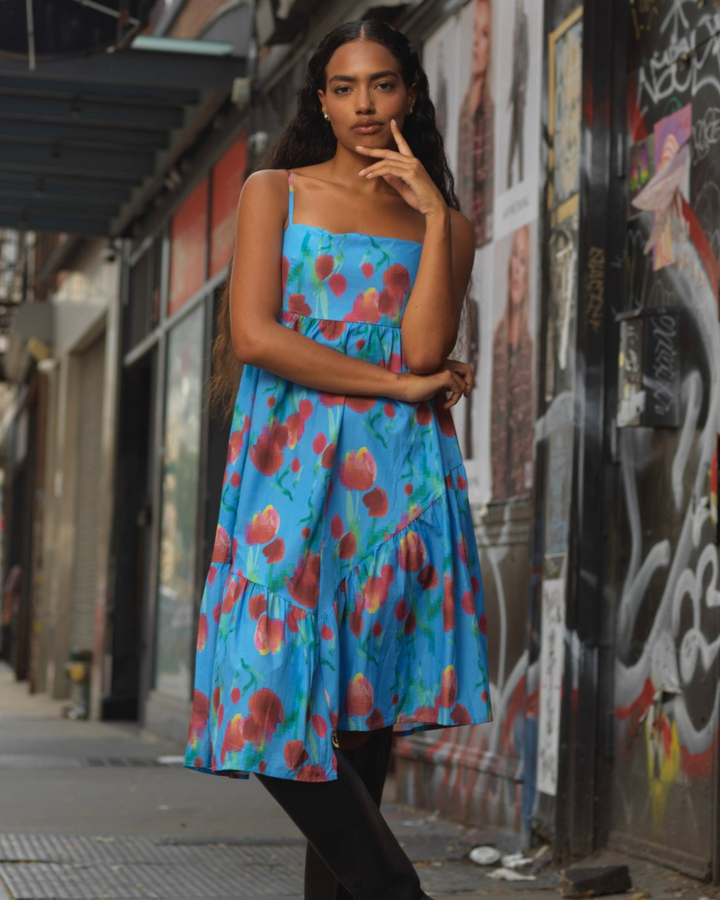 Cotton Asymmetrical Blue Abstract Floral Dress