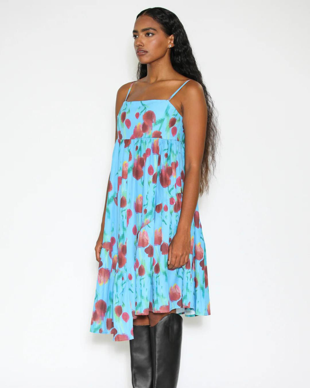 Cotton Asymmetrical Blue Abstract Floral Dress