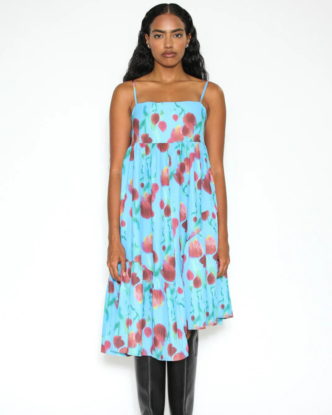 Cotton Asymmetrical Blue Abstract Floral Dress