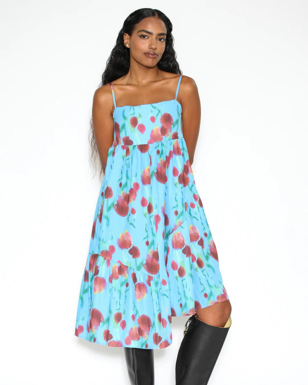 Cotton Asymmetrical Blue Abstract Floral Dress