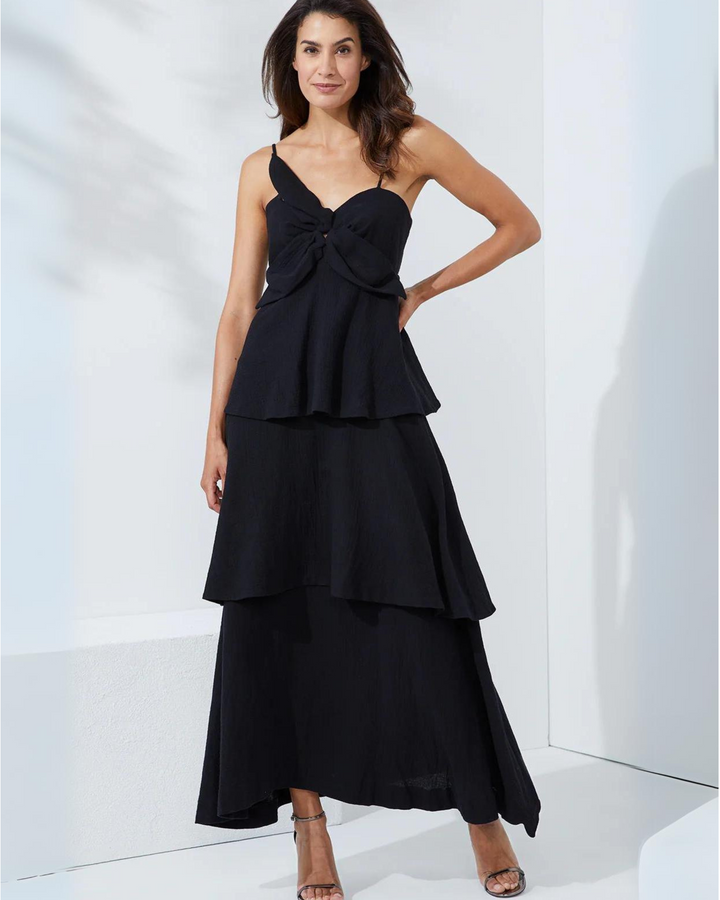 Black Lotus Gauze Maxi Dress With Floral Appliqué