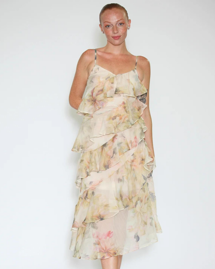 Silk Floral Champagne Ruffle Long Dress