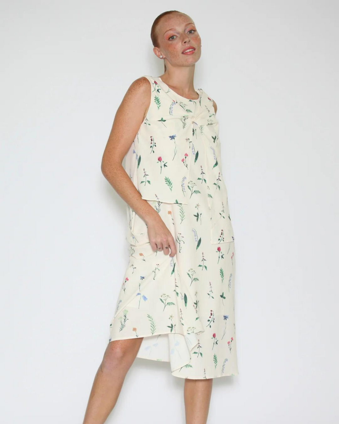 Silk White Floral Bow-Tie Tunic Dress