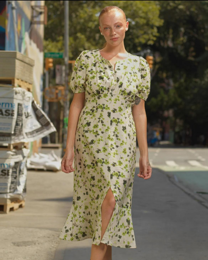 Cotton Linen Green Floral Dress