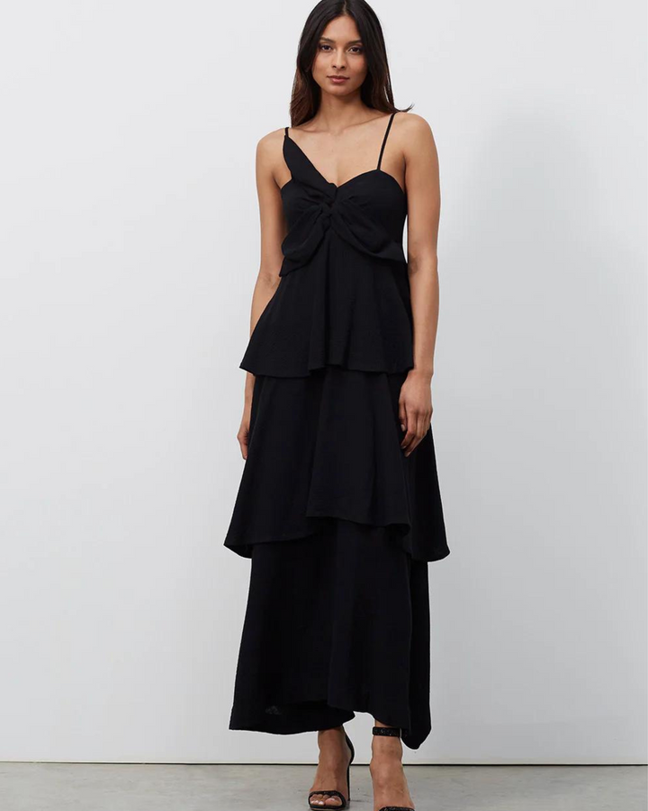 Black Lotus Gauze Maxi Dress With Floral Appliqué