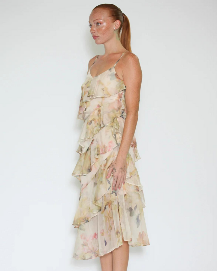 Silk Floral Champagne Ruffle Long Dress