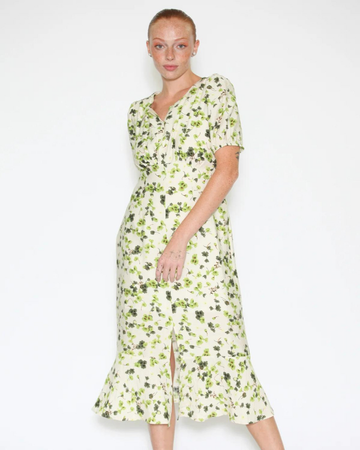 Cotton Linen Green Floral Dress