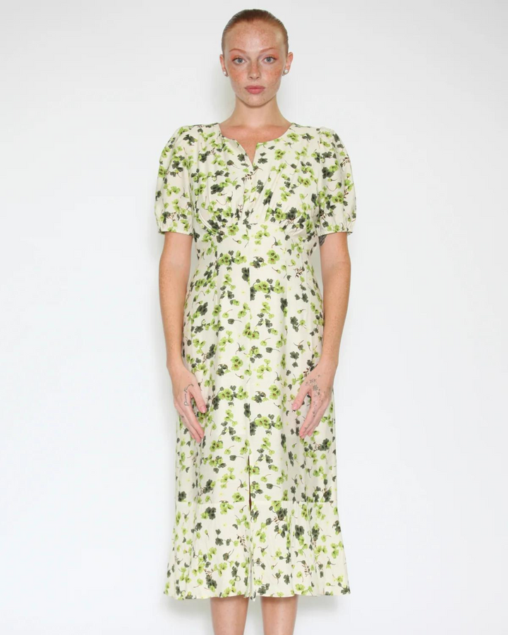 Cotton Linen Green Floral Dress