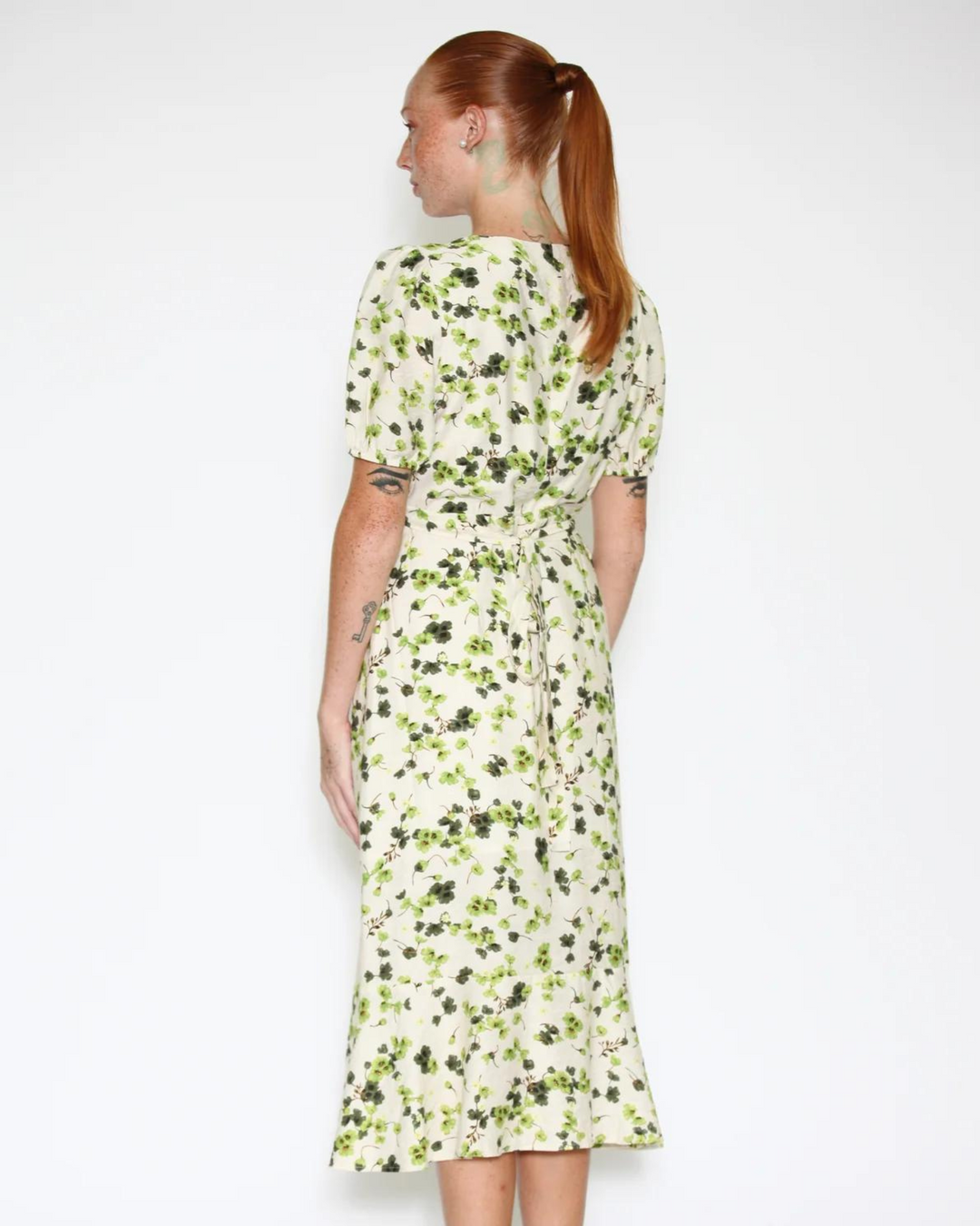 Cotton Linen Green Floral Dress