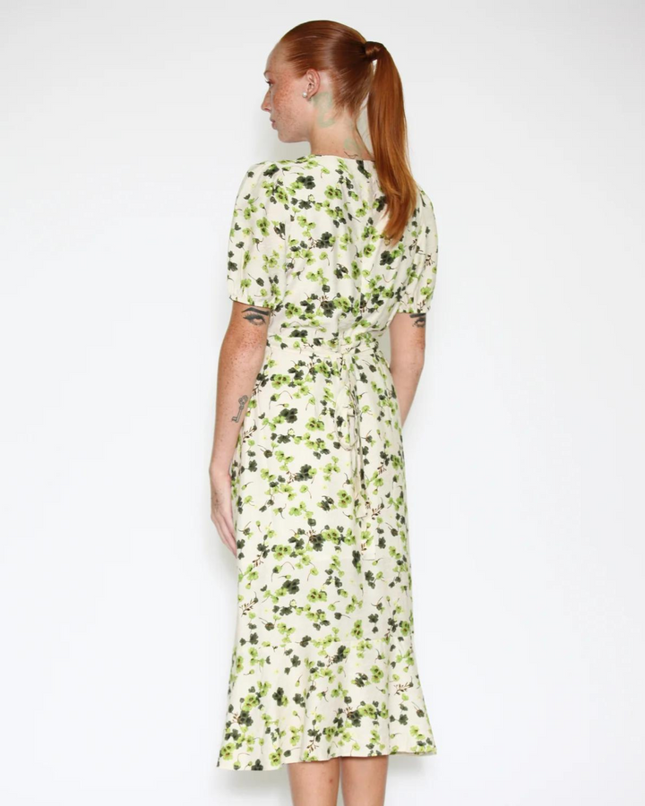 Cotton Linen Green Floral Dress