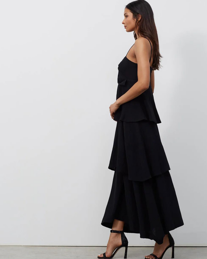 Black Lotus Gauze Maxi Dress With Floral Appliqué