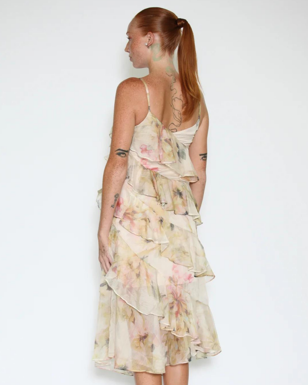 Silk Floral Champagne Ruffle Long Dress