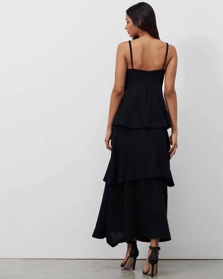 Black Lotus Gauze Maxi Dress With Floral Appliqué